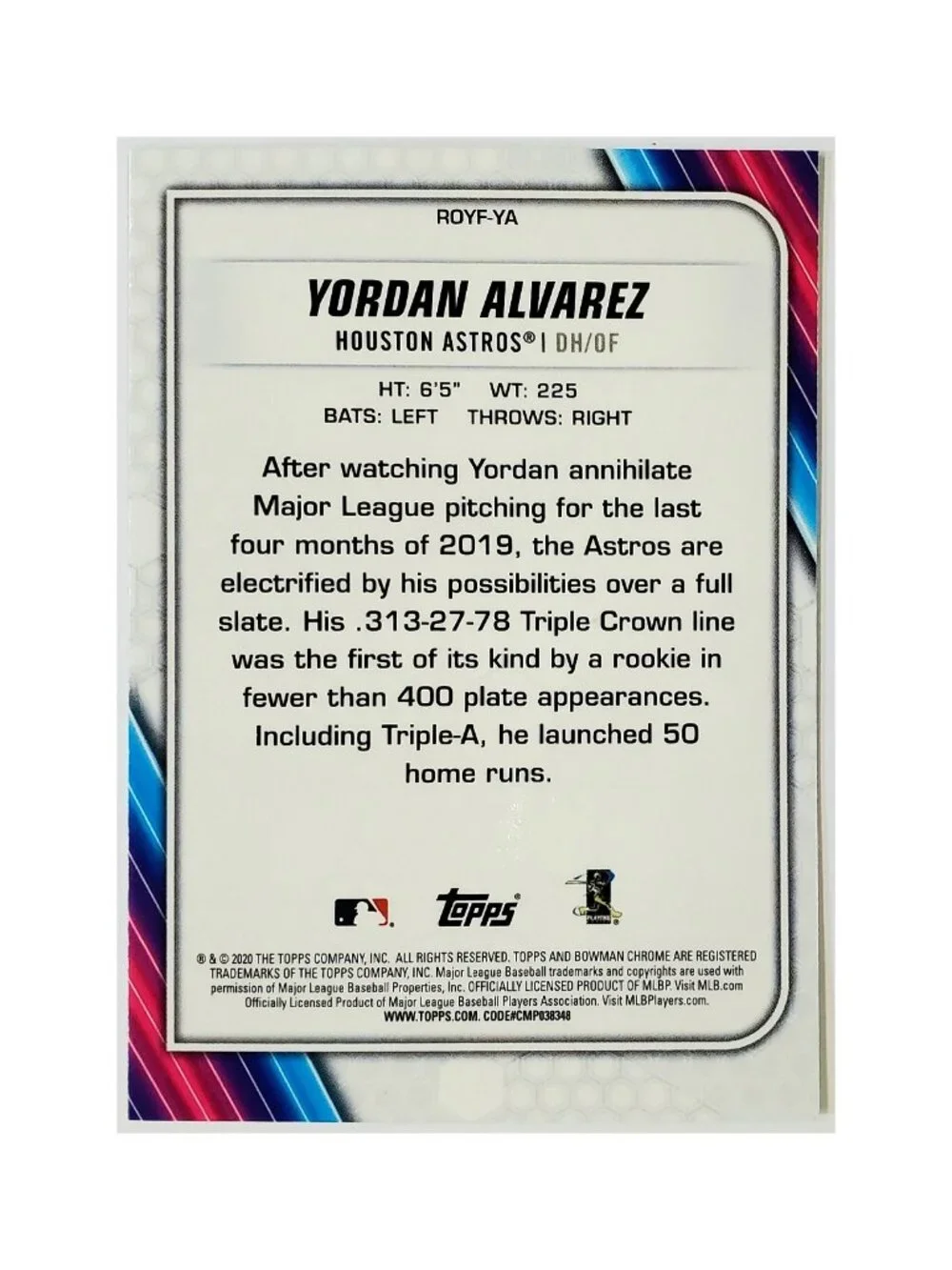 YORDAN ALVAREZ ROOKIE REFRACTOR 2020 BOWMAN CHROME #ROYF-YA, HOUSTON ASTROS